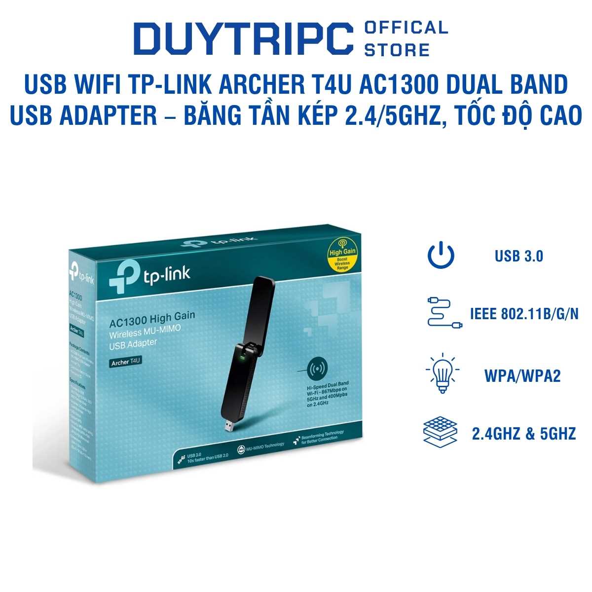 USB WiFi TP-Link Archer T4U AC1300 Dual Band USB Adapter – Băng Tần Kép 2.4/5GHz, Tốc Độ Cao, Chuẩn AC